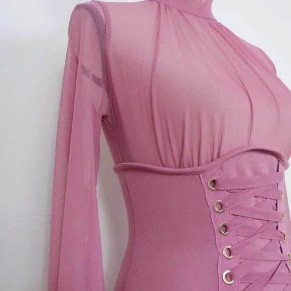 Iris Mauve Pink Sheer Mock Neck Long Sleeve Corset Lace Up SZ S Sexy Y2K Dress - Picture 10 of 14